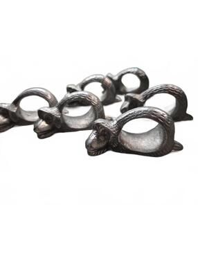 Set of 6 Vintage Pewter Napkin Rings Whimsical Animal Design Made in India